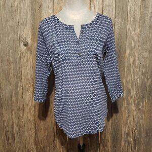 Eddie Bauer S Women's Henley Top Blouse Blue Print 3/4 Sleeve Lightweight Tribal